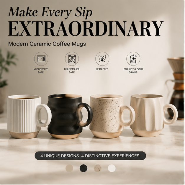 Minimalist Ceramic Coffee Mug Set (4 Colors) – Nordic Style 14oz Coffee Cups for Home & Office | Modern Matte Drinkware