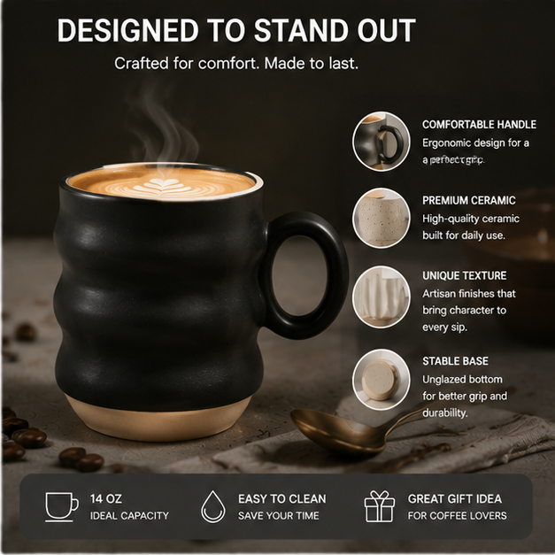 Minimalist Ceramic Coffee Mug Set (4 Colors) – Nordic Style 14oz Coffee Cups for Home & Office | Modern Matte Drinkware