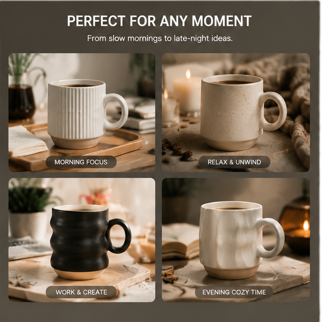 Minimalist Ceramic Coffee Mug Set (4 Colors) – Nordic Style 14oz Coffee Cups for Home & Office | Modern Matte Drinkware