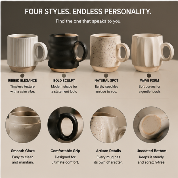 Minimalist Ceramic Coffee Mug Set (4 Colors) – Nordic Style 14oz Coffee Cups for Home & Office | Modern Matte Drinkware