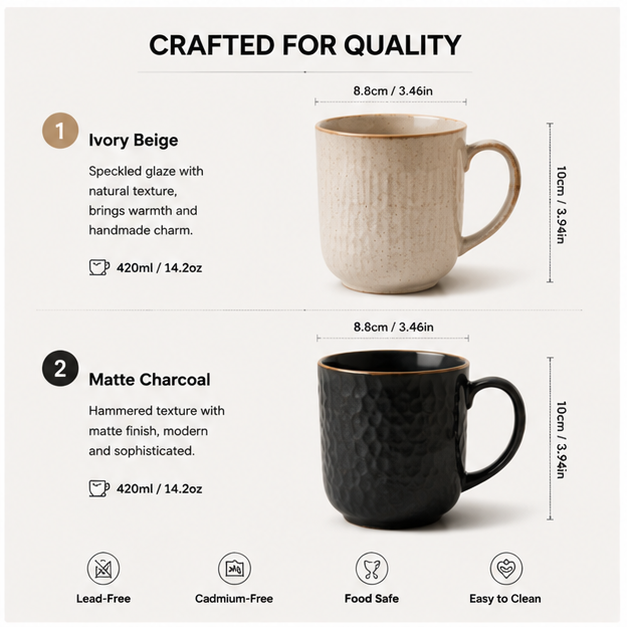 2-Pack Ceramic Mug Set – Modern Minimalist Coffee Cups for Home & Office Use (Set of 2 Designs)