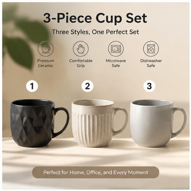 3-Pack Ceramic Mug Set – Modern Minimalist Coffee Cups for Home & Office Use (Set of 3)