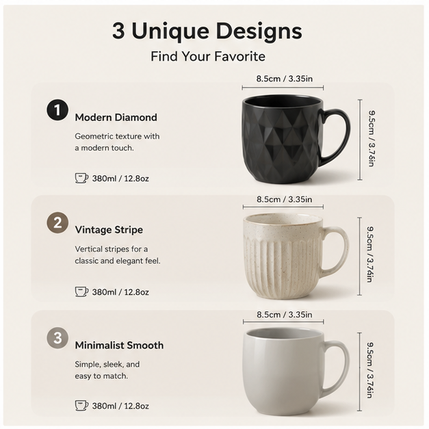 3-Pack Ceramic Mug Set – Modern Minimalist Coffee Cups for Home & Office Use (Set of 3)