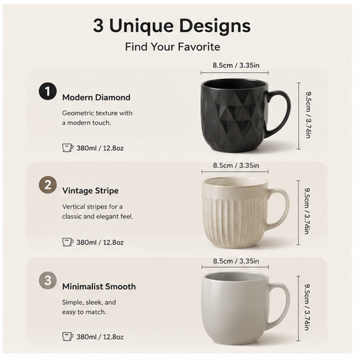 3-Pack Ceramic Mug Set – Modern Minimalist Coffee Cups for Home & Office Use (Set of 3)