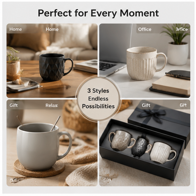 3-Pack Ceramic Mug Set – Modern Minimalist Coffee Cups for Home & Office Use (Set of 3)