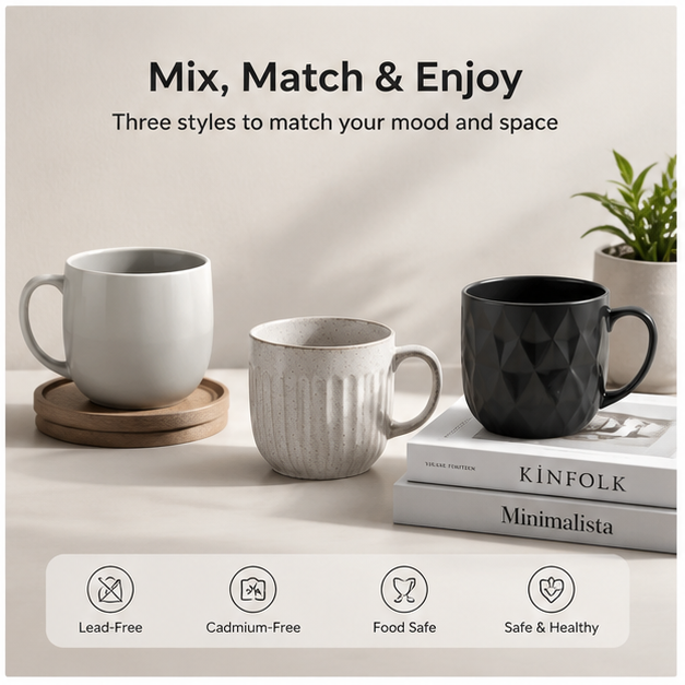 3-Pack Ceramic Mug Set – Modern Minimalist Coffee Cups for Home & Office Use (Set of 3)