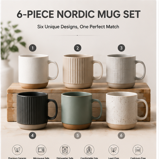 6-Piece Nordic Ceramic Mug Set – Minimalist Coffee Cups for Home & Office Use | Modern Scandinavian Style Drinkware Set