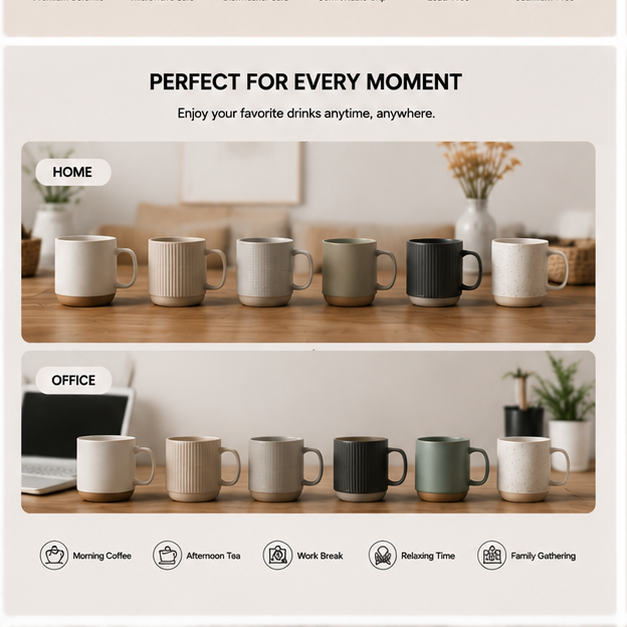 6-Piece Nordic Ceramic Mug Set – Minimalist Coffee Cups for Home & Office Use | Modern Scandinavian Style Drinkware Set