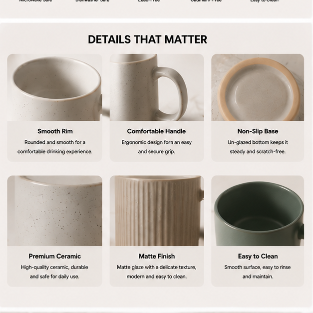 6-Piece Nordic Ceramic Mug Set – Minimalist Coffee Cups for Home & Office Use | Modern Scandinavian Style Drinkware Set