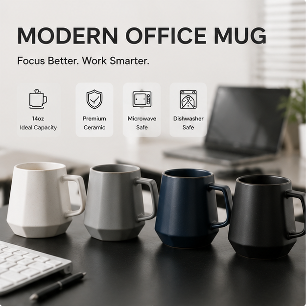 Modern Office Ceramic Coffee Mug – Minimalist 14oz Cup for Work & Home | Matte Finish Desk Coffee Mug