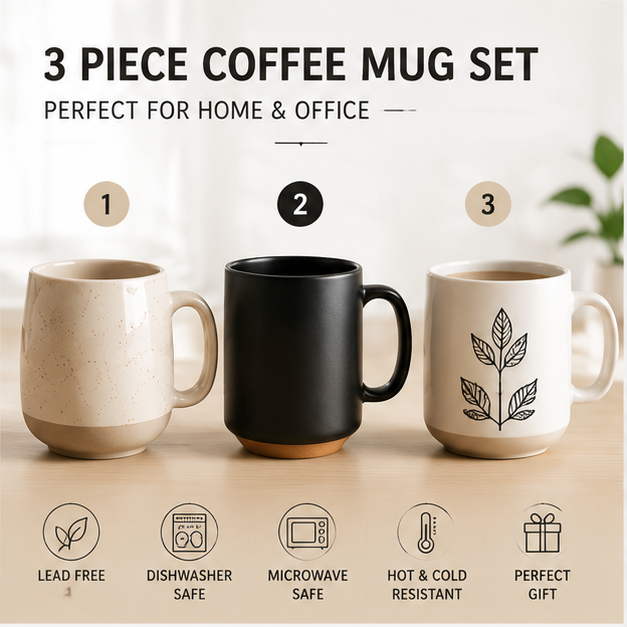 3-Piece Ceramic Coffee Mug Set – Minimalist Cups for Home & Office, Microwave & Dishwasher Safe, Perfect Gift for Daily Use